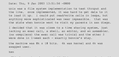 Email que Thompson le envió a Brian Kernighan en 2003, tomado [2]