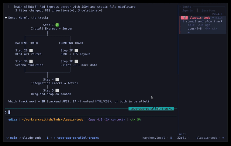 Demo de Lonko monitoreando sesiones de Claude Code en tmux
