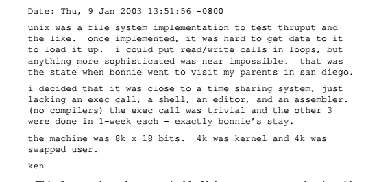 Email that Thompson sent to Brian Kernighan in 2003, taken from [2]